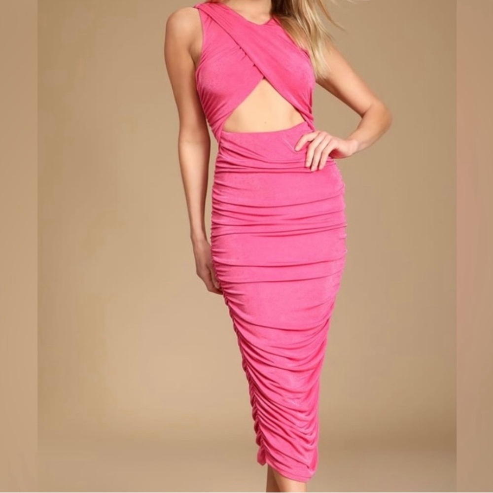 LULUS Pink Ruched Cutout Bodycon Midi Dress